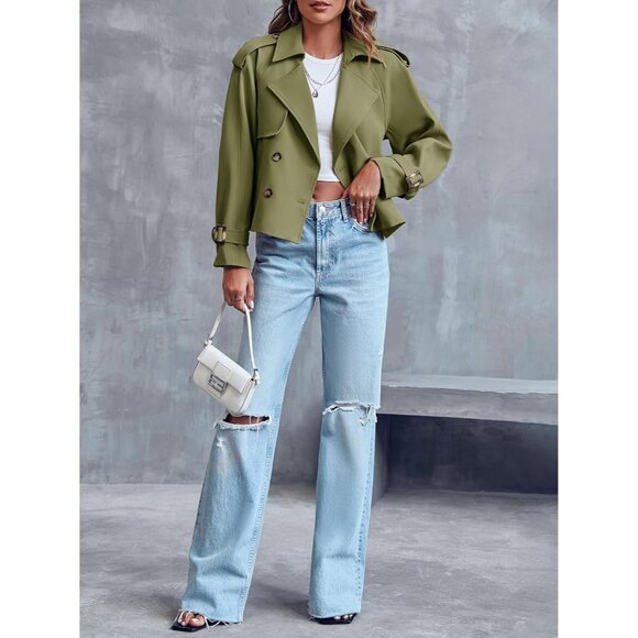 Women's Army Green Crop Double Breasted Trench Coat Raglan Sleeve Cropped Jacket - Picture 4 of 5